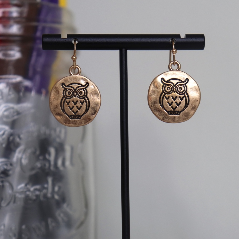 Golden Disk Owl Earrings